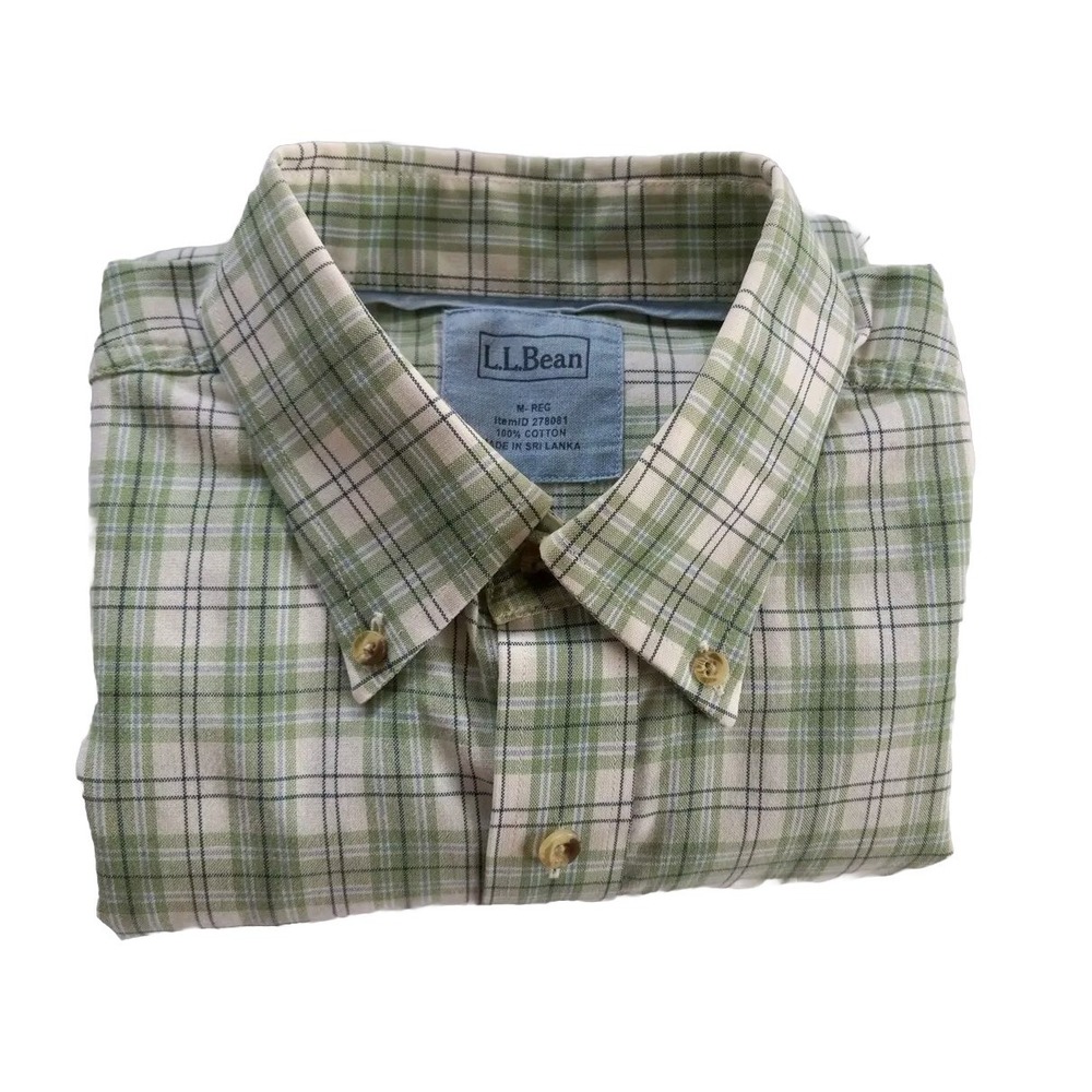 L L Bean Men's Medium Regular Fit Buttons Down Long-sleeved  Plaid Green